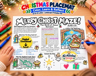 May include: A printable Christmas placemat activity sheet titled Merry Christ-Maze featuring a nativity scene, word search, maze, and connect-the-dots. The white paper includes black line art illustrations and text for coloring, with a yellow Digital Download badge and an AI-Assisted Design sticker.