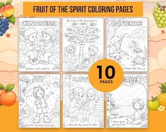 May include: A set of 10 Fruit of the Spirit coloring pages featuring black and white line art illustrations of children. Each page includes a theme such as Kindness, Patience, Joy, Love, and Peace, with accompanying text and nature scenes.