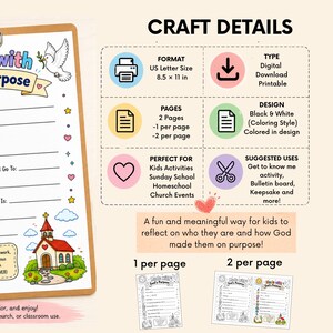 May include: A digital printable activity sheet titled Made with God's Purpose, featuring a church illustration, a dove, and fill-in-the-blank lines. The document is US Letter size, 8.5 x 11 inches, available as a two-page black and white coloring design.