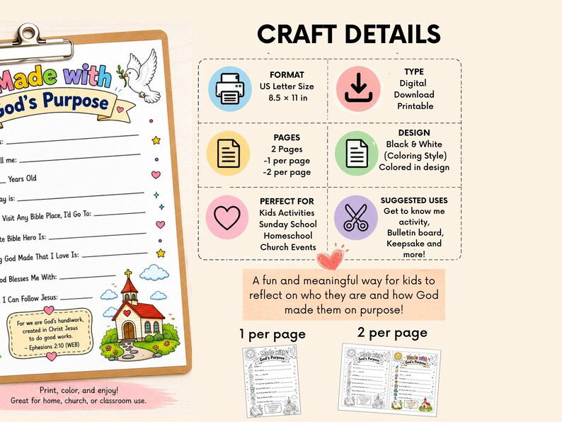 May include: A digital printable activity sheet titled Made with God's Purpose, featuring a church illustration, a dove, and fill-in-the-blank lines. The document is US Letter size, 8.5 x 11 inches, available as a two-page black and white coloring design.