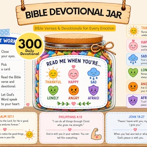 Könnte beinhalten: Ein Bibel-Andachtsglas mit 300 täglichen Andachten. Das Glas hat ein Etikett mit dem Text READ ME WHEN YOU'RE und sechs farbige Symbole für Emotionen: dankbar, glücklich, traurig, einsam, wütend und ängstlich. Anleitungen und Beispielverse sind enthalten.