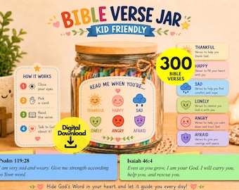 May include: A glass jar with a wooden lid filled with colorful paper slips, labeled "BIBLE VERSE JAR" and "READ ME WHEN YOU'RE..." with icons for emotions like thankful, happy, sad, lonely, angry, and afraid. Includes a "300 BIBLE VERSES" badge.