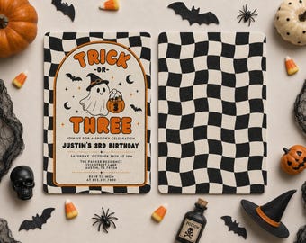 May include: A rectangular birthday invitation card featuring a black and white checkered border and a central illustration of a ghost wearing a witch hat and holding a pumpkin bucket. The text reads TRICK-OR-THREE, JUSTIN'S 3RD BIRTHDAY.