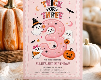 May include: A rectangular pink birthday invitation card featuring the text Trick or Three and a large number 3. The design includes illustrations of ghosts, a jack-o'-lantern, bats, and stars. Text details include Ellie's 3rd Birthday, October 27 2:00 PM, Boo Street 123 #Scary Ally, and RSVP by October 20 to Jessie 123 456 7891.