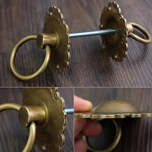 Skåpshandtag i antik mässing med ring, sexkantig dörrbricka, polerad