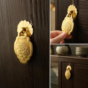 Brass Drawer Pull Plate Lotus Design 5.2x3cm Screw Mount