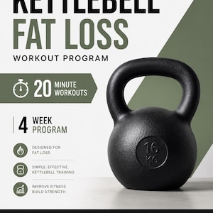 Puede incluir: Una pesa rusa negra de 16 kg presentada en un gráfico de programa de entrenamiento titulado Kettlebell Fat Loss. El texto incluye 25+ years of fitness experience, 20 minute workouts, 4 week program, designed for fat loss, simple effective kettlebell training, improve fitness build strength, 4 weeks structured workouts y follow along achieve results.