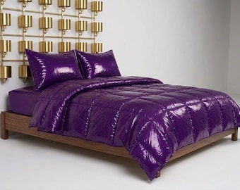 Shiny Purple Nylon Quilted Comforter Set, Glossy Cozy Bedding