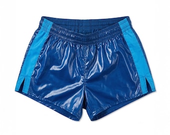 Glossy Blue Nylon Running Shorts Retro Shiny Athletic Shorts