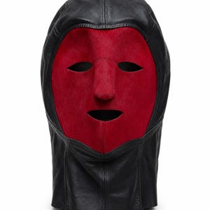 Black Leather Full Face Hood Red Lined Zipper Costume Mask Handmade Headwear