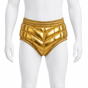 Può includere: Uno slip trapuntato color oro metallizzato con finitura lucida, un'ampia fascia elastica in vita e un motivo di cuciture a chevron. Il capo presenta una struttura imbottita in stile piumino con un taglio alto sulla gamba.