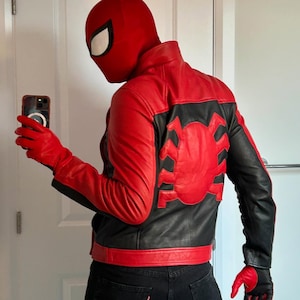 Spider Patch Style Superhero Red Black Spiderman Inspired Jacket, Movie Inspired Cosplay Costume, Mens Comic Con Fan Jacket Outfit Gift
