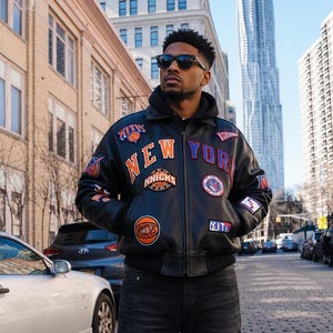 New York Basketball Knicks Leather handmade Jacket, Black Cowhide Embroidered Patch artwork Bomber Oversized Varsity Streetwear Unisex Coat