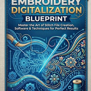 Puede incluir: Una portada de libro azul titulada The Ultimate Embroidery Digitalization Blueprint. La portada presenta una aguja brillante, patrones florales, código binario y un carrete de hilo. El texto incluye Master the Art of Stitch File Creation.