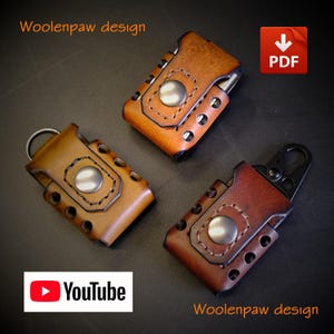 May include: Three brown leather pouches with silver-tone metal snap closures and side cutouts. One pouch has a silver ring, one has a black carabiner, and one is plain. Text includes Woolenpaw design, PDF, and YouTube.
