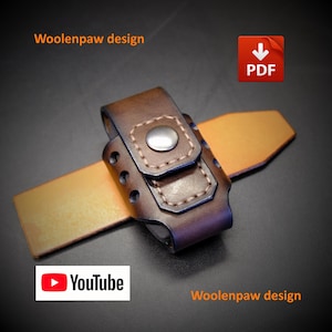 May include: A brown leather belt loop holder with a silver metal snap button closure and visible stitching. The item features the text Woolenpaw design, a PDF icon, and a YouTube logo. The holder is positioned over a flat, light brown leather strap.