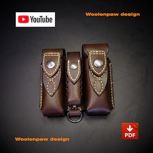Peut inclure: Une pochette à compartiments multiples en cuir marron foncé avec des coutures contrastantes jaunes, trois fermetures à bouton-pression et un anneau en D en métal. Le texte "YouTube" et "Woolenpaw design" figurent avec une icône PDF rouge.