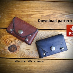 May include: Two small rectangular leather pouches, one brown and one black, each featuring a fold-over flap secured with a single central metal snap button and two smaller side rivets. The text "Download pattern" and "WHITE WITCHER" appear.