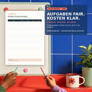 May include: A digital cleaning schedule template titled Flexibler Wochen-Putzplan with a grid for tasks, area, due date, person, and status. The document includes a status key and is presented as a 16-page A4 PDF for printing or digital use.
