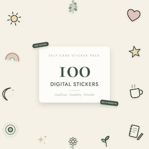 Op de afbeelding: Een digitaal stickerpakket met 100 items met de tekst SELF-CARE STICKER PACK, 100 DIGITAL STICKERS, GoodNotes, Notability, Printable, YOU MATTER en REST IS PRODUCTIVE. Iconen omvatten een zon, hart, regenboog, ster, maan en een kopje koffie.
