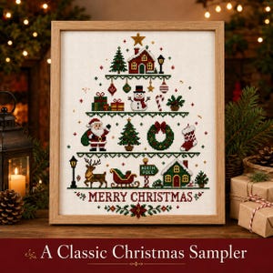 May include: A framed cross-stitch sampler featuring a Christmas tree design composed of various holiday icons including a house, snowman, Santa Claus, reindeer, sleigh, and gifts. The text MERRY CHRISTMAS is stitched in red at the bottom.