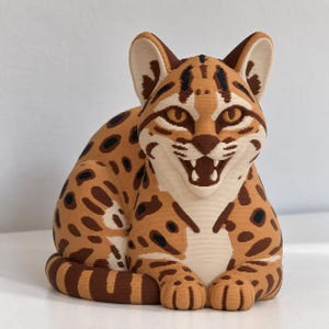Puede incluir: Una figura de ocelote impresa en 3D con un color base tostado y manchas de color marrón oscuro y negro. El felino está representado en posición sentada con la boca abierta, mostrando los dientes, y la cola envuelta alrededor del cuerpo.