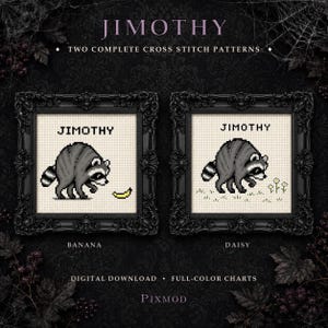 Peut inclure: Deux modèles de point de croix intitulés JIMOTHY représentant un raton laveur en pixel art. Un modèle montre le raton laveur avec une banane jaune, l'autre avec de petites marguerites blanches. Présentés dans des cadres noirs ornés.