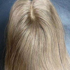 Könnte beinhalten: Ein Haarteil aus glattem, hell aschbraunem Haar mit dezenten blonden Strähnchen. Das Stück verfügt über eine sichtbare Monofilament-Basis am Oberkopf, die mit einem Mittelscheitel das natürliche Aussehen einer Kopfhaut nachahmt.