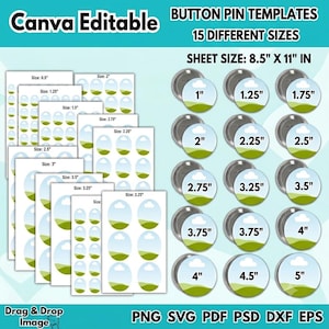 Könnte beinhalten: Eine digitale Sammlung von in Canva bearbeitbaren Button-Vorlagen in 15 verschiedenen Größen von 1,27 cm bis 12,7 cm. Die Blattgröße beträgt 21,59 cm x 27,94 cm. Enthält die Dateiformate PNG, SVG, PDF, PSD, DXF und EPS für Designzwecke.
