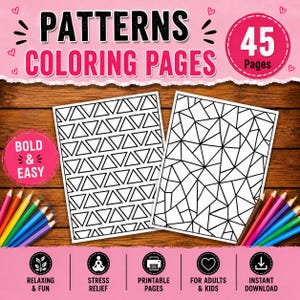 May include: A digital collection of 45 coloring pages featuring geometric patterns. The set includes two sample sheets with black and white triangle and polygon designs, accompanied by colorful pencils and icons for stress relief and printing.