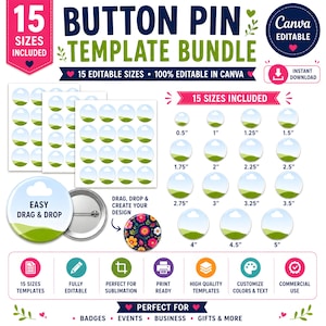 Editable Button Pin Template Bundle, 15 Sizes, Canva Sublimation Design (Digital Download)