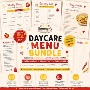 May include: A digital daycare menu bundle featuring a weekly menu, grocery list, and easy recipe template. The central graphic displays the text Sumner's Small Steps Home Daycare Daycare Menu Bundle with red and yellow accents, icons, and text.