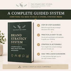 Puede incluir: Un libro verde oscuro titulado Brand Strategy System de The Steady Edit Studio. La portada presenta texto e iconos dorados. Junto al libro, una lista destaca las características: guía paso a paso, uso práctico, acción estratégica y ahorro de tiempo.