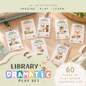 May include: A set of Junior Librarian identification cards featuring a cartoon fox character in various roles like Story Time, Shelving Helper, Book Detective, and Book Care. The cards are displayed in clear plastic holders with clips.