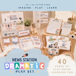 May include: A news station dramatic play set featuring 40 pages of printable materials including a news script, reporter notepads, press passes, signs labeled On Air, Off Air, Breaking News, and a small gold microphone prop for interactive learning.
