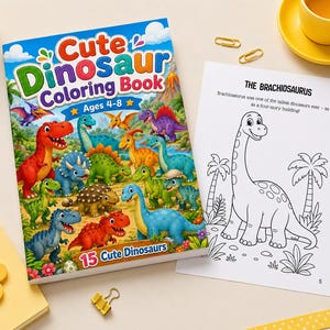 May include: A coloring book titled Cute Dinosaur Coloring Book Ages 4-8 featuring colorful illustrations of various dinosaurs on the cover and a black and white line art page of a Brachiosaurus with descriptive text about the dinosaur.