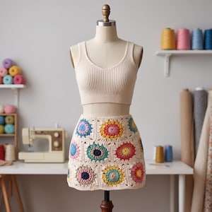Pode incluir: Um top curto sem mangas canelado bege combinado com uma minissaia de crochê feita à mão. A saia apresenta um padrão repetitivo de motivos florais multicoloridos em tons de amarelo, rosa, azul e vermelho, unidos com fio branco sujo.
