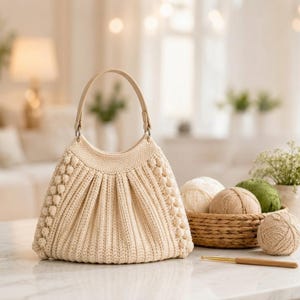 May include: A cream-colored crocheted handbag featuring a ribbed texture, bobble stitch side panels, and a single smooth leather-like handle. The bag has a structured, pleated design and is crafted from yarn, showcasing a soft, neutral aesthetic.
