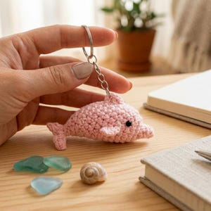 May include: A light pink crocheted dolphin keychain featuring a small black bead eye, attached to a silver-toned metal split ring by a short chain. The dolphin is crafted with a textured yarn stitch pattern and has a distinct tail and side fin.