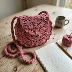 Peut inclure: Un sac bandoulière en crochet rose poudré doté d'un rabat circulaire à bord festonné et d'un petit bouton en forme de champignon. Le sac possède une longue bandoulière assortie en crochet et présente un motif circulaire ajouré détaillé.
