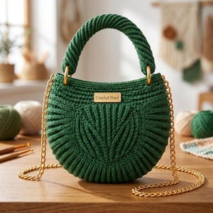 Peut inclure: Un sac à main en crochet vert foncé de forme arrondie, doté d'une anse tressée épaisse et d'une bandoulière en chaîne dorée. Le sac présente un motif texturé central en forme de feuille et une plaque rectangulaire dorée Crochet Pearl.