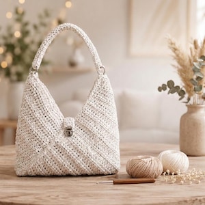 May include: A cream-colored crocheted handbag featuring a structured hobo shape, a single top handle attached with silver-toned metal rings, and a central silver-toned metal turn-lock closure. The bag displays a diagonal ribbed texture throughout.