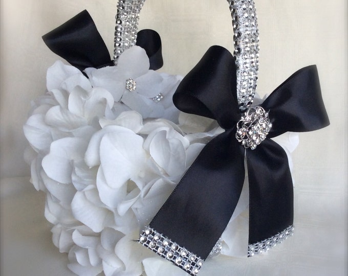 Black and White Flower Girl Basket Bling Basket White Flower Etsy