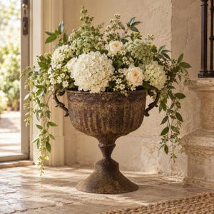 May include: A dark brown, weathered metal urn with two side handles and a pedestal base, filled with a lush arrangement of white hydrangea flowers, pale cream roses, small white blossoms, and green foliage cascading over the sides.
