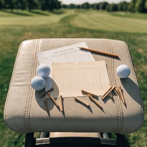 May include: A beige padded seat holds two white golf balls, several wooden golf tees, a wooden pencil, and two printed paper sheets. One sheet is titled Charity Scramble Pairings, and the other is a grid-style scorecard with numbered columns.