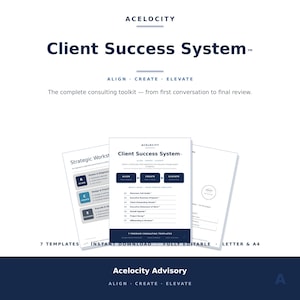 May include: A digital consulting toolkit titled Client Success System by Acelocity, featuring three white document pages with dark blue text and accents. The pages list seven templates including a discovery call guide and project recap, with the text Align, Create, Elevate.