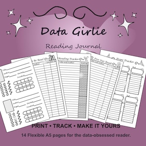May include: A Data Girlie Reading Journal with 14 flexible A5 pages featuring printed trackers for books, authors, ratings, and tropes. The white paper sheets include sections for titles, authors, pages, and star ratings on a purple background.