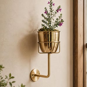 Puede incluir: Una maceta de pared de latón que cuenta con una placa base circular, un brazo horizontal y un soporte cilíndrico que contiene una pequeña planta verde con flores moradas. El acabado metálico es pulido y tiene un aspecto reflectante.