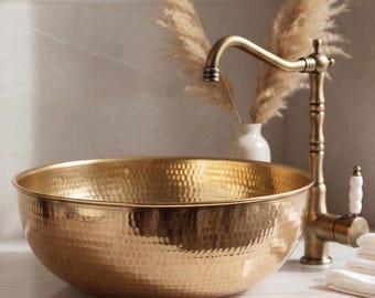 Hammered Brass Vessel Sink, Round Brass Bathroom Sink, Moroccan Basin for Vanity