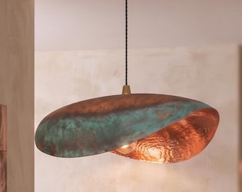 Copper Hanging Lamp, Verdigris Patina  Pendant Light, Rustic Patina Ceiling Fixture, Modern  Indoor Lighting